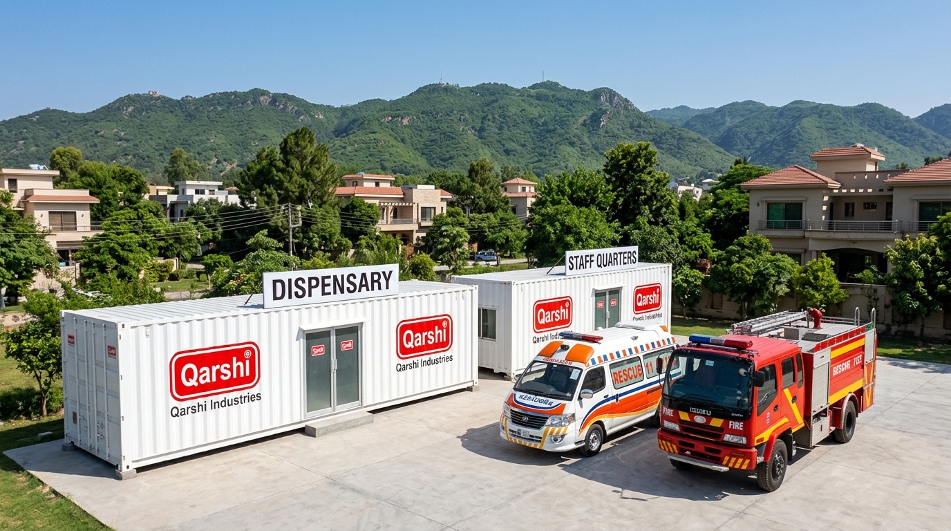 Qarshi-branded Rescue 1122 station with ambulance and fire truck, Margalla Hills in background
